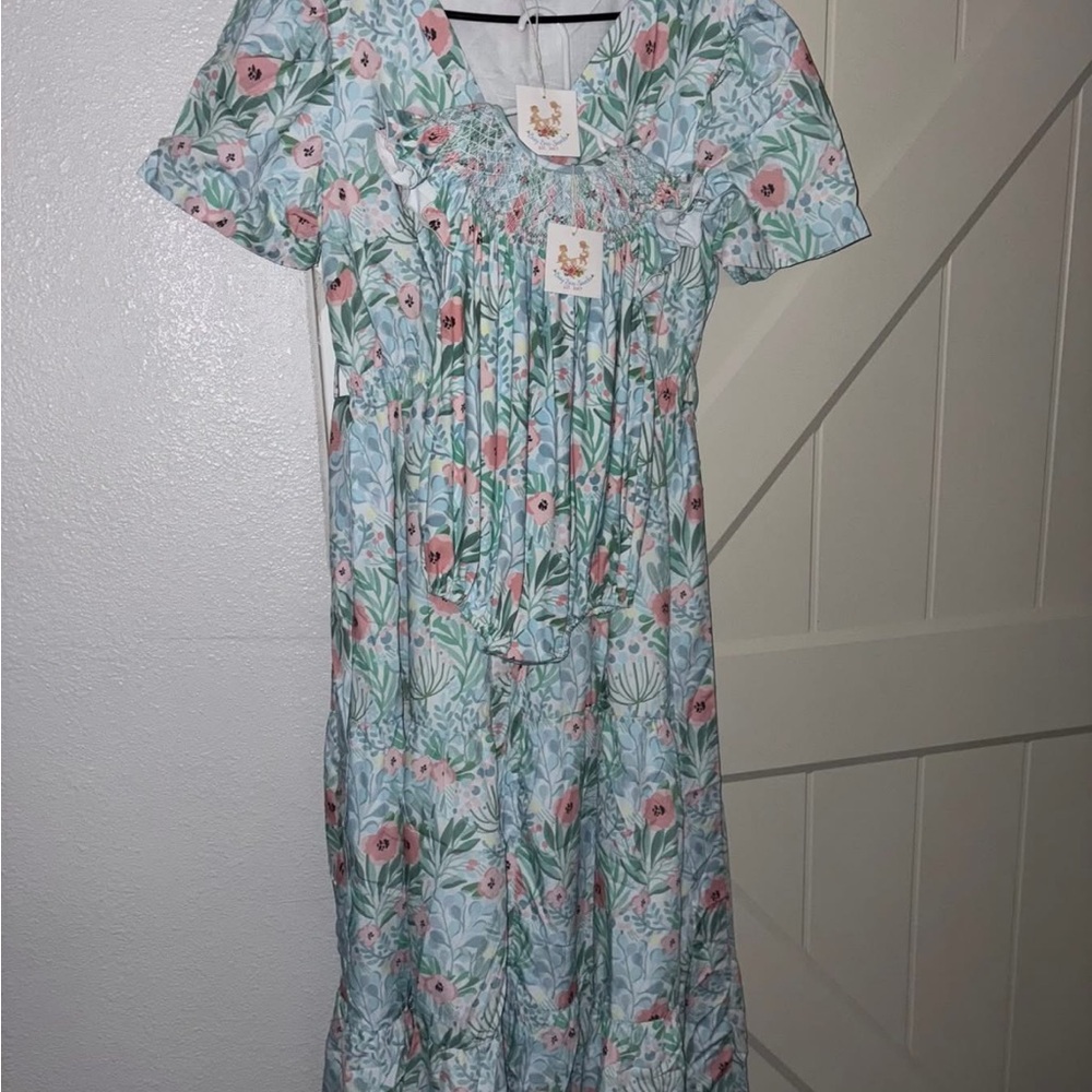 Floral Smocked Maxi Dress in Mint and Pink